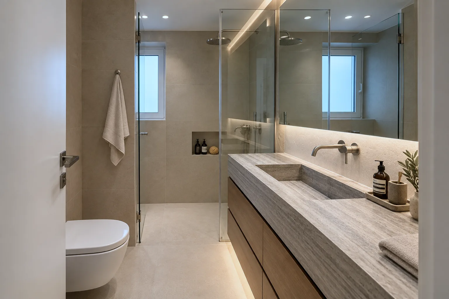 Bathroom with stone basin and walk-in shower