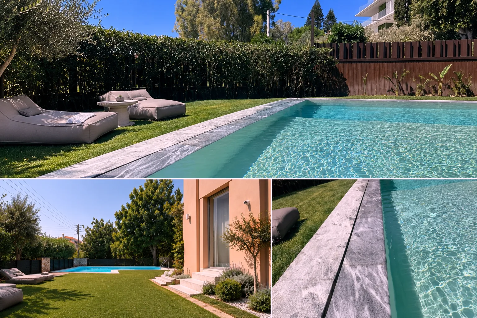 Swimming pool with stone coping, lawn and garden