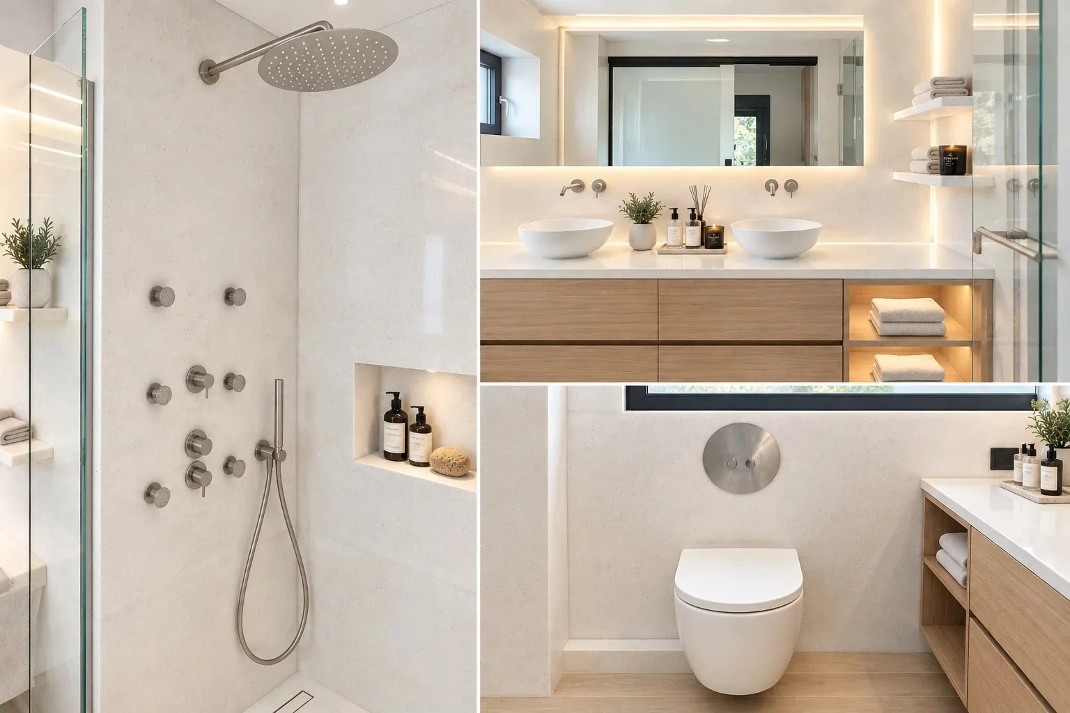 Shower with brushed-steel body jets, a double basin vanity and a wall-hung WC