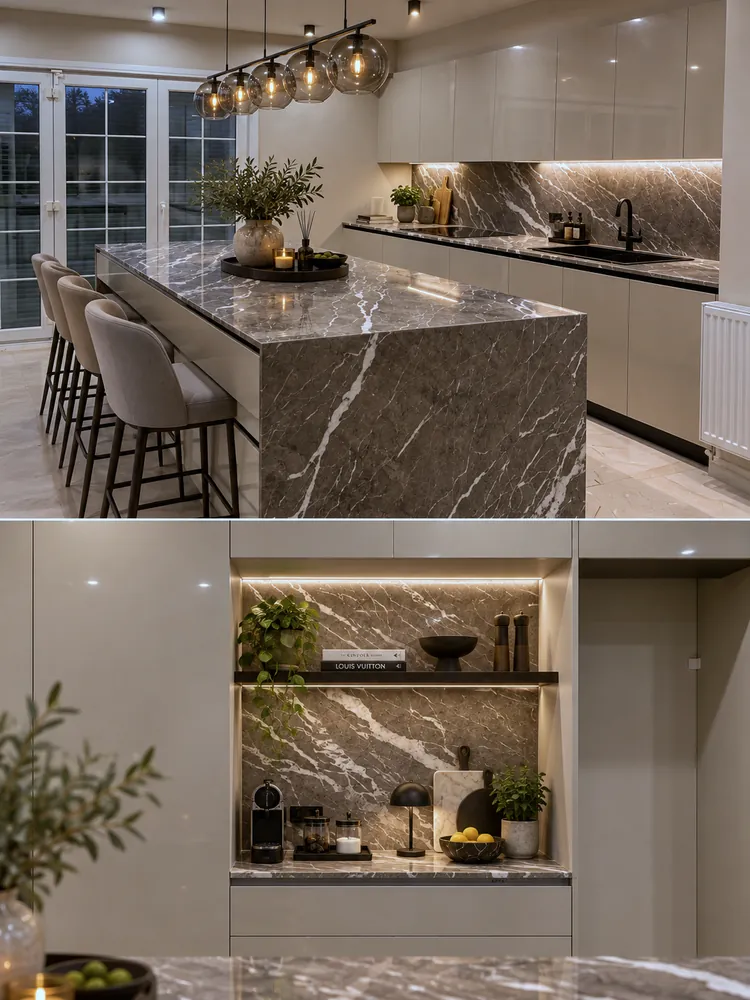 Kitchen with dark marble island and coffee niche