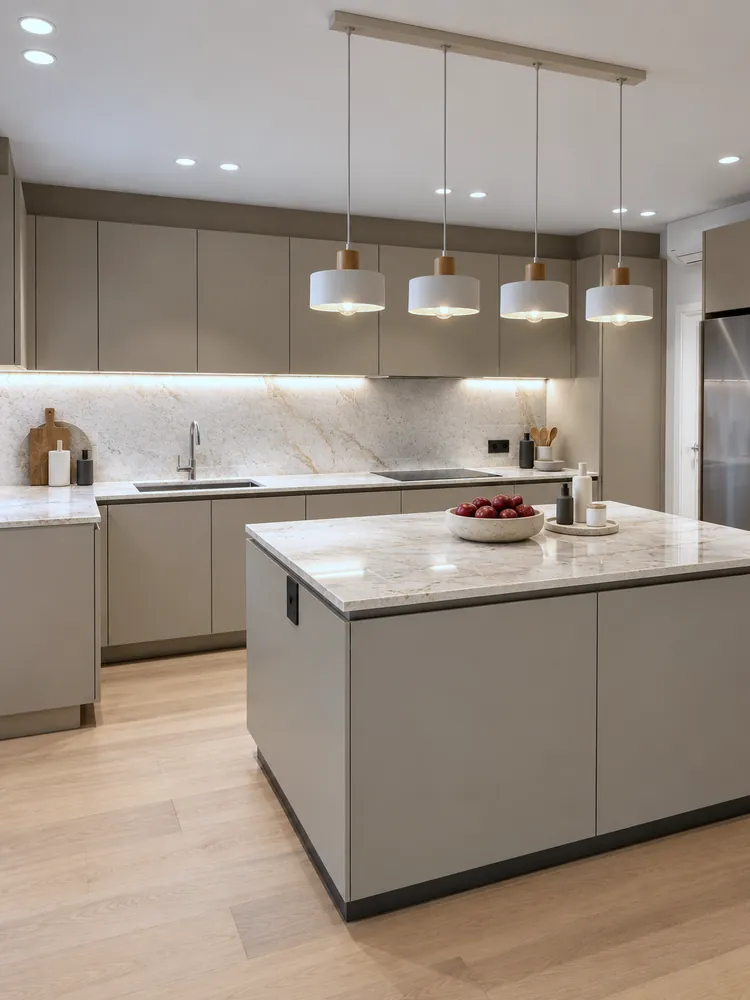 Kitchen with island and marble worktops