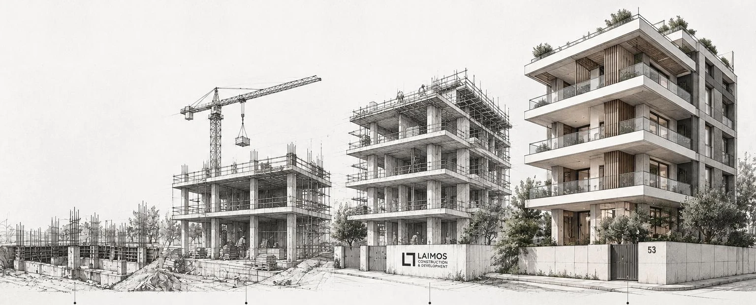 Drawing of one building at four stages: foundations, concrete structure, completed shell and the finished home