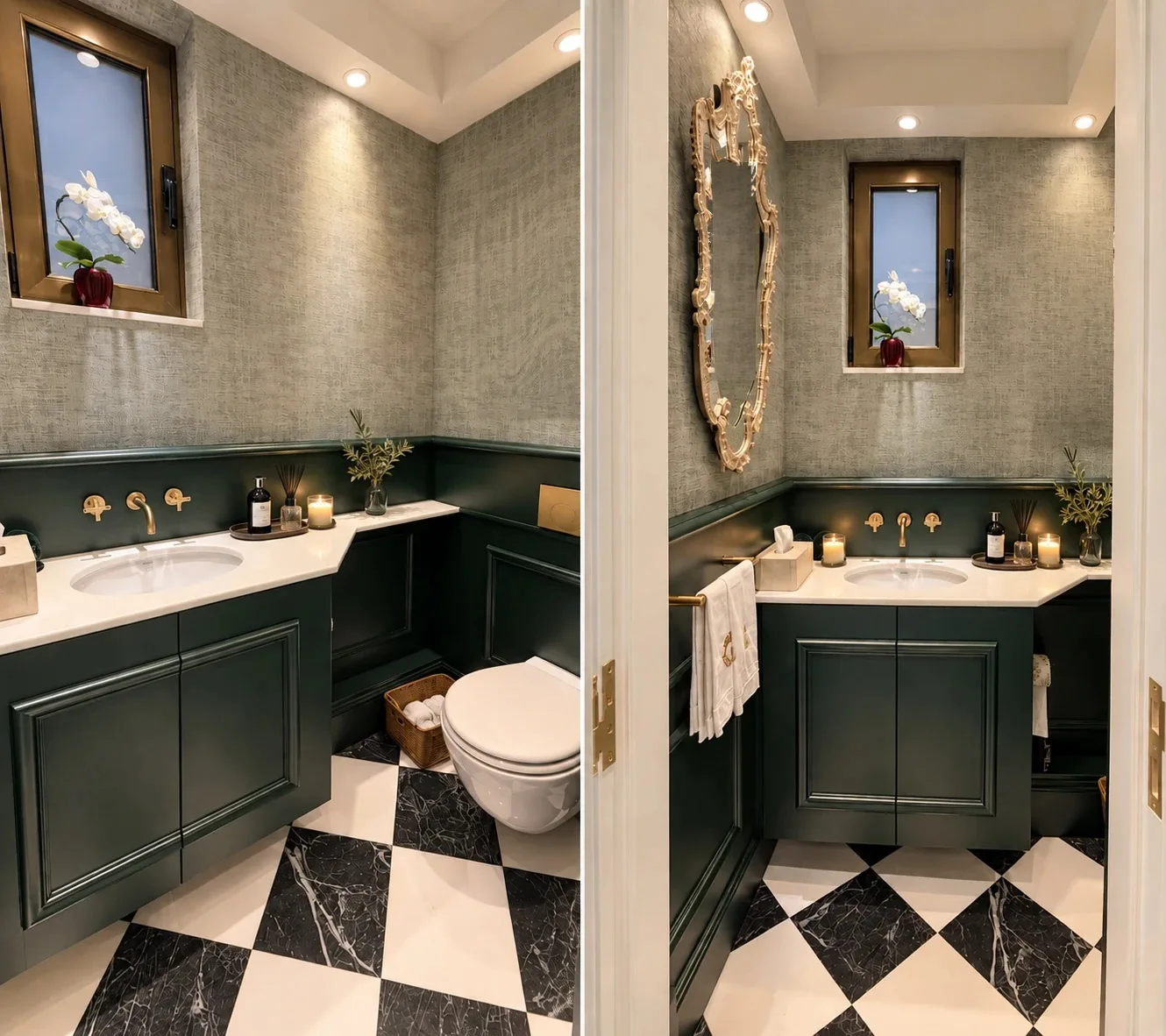 Guest WC with green panelling, brass taps and a black-and-white marble floor