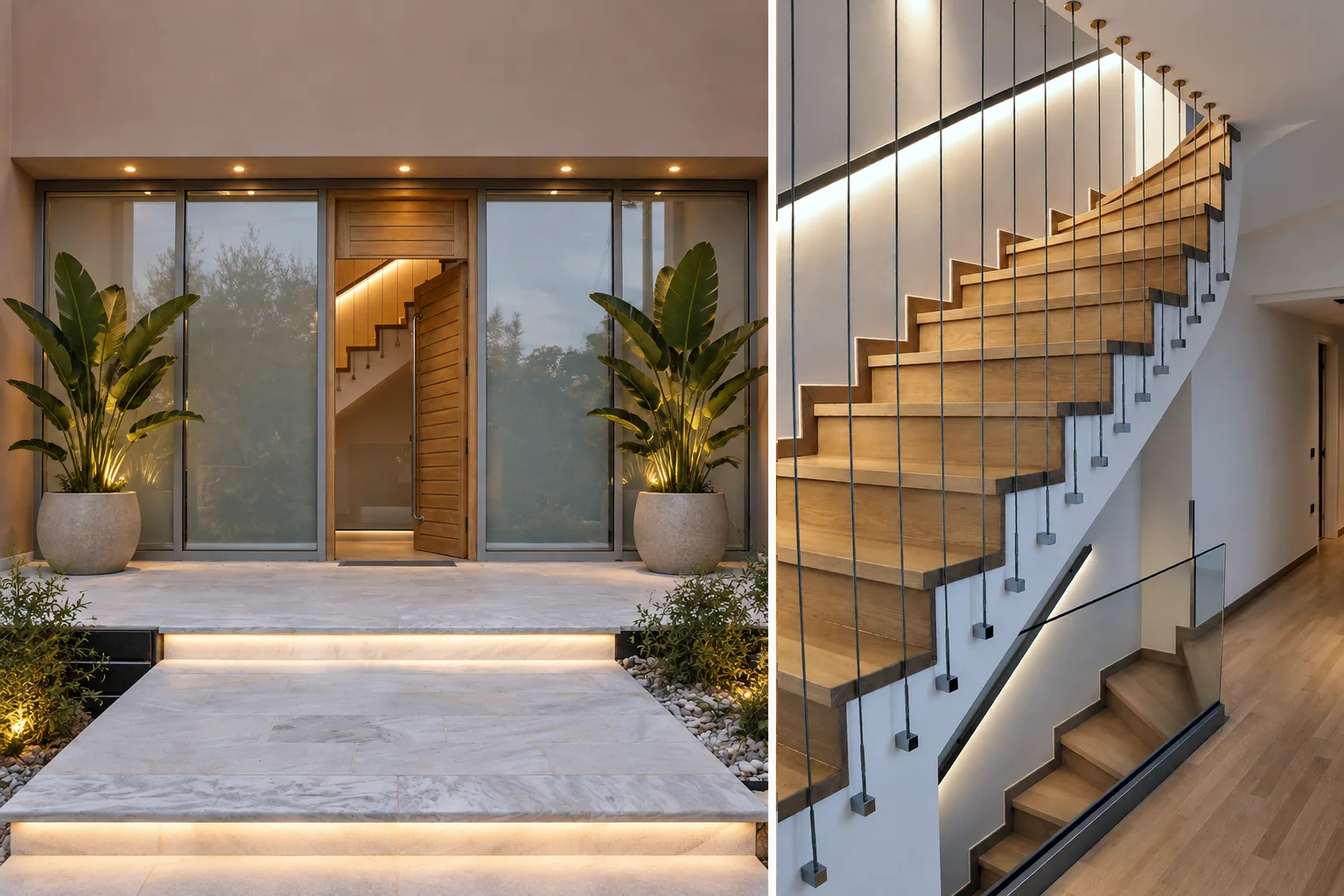 Lit entrance steps, and an oak staircase with a glass balustrade