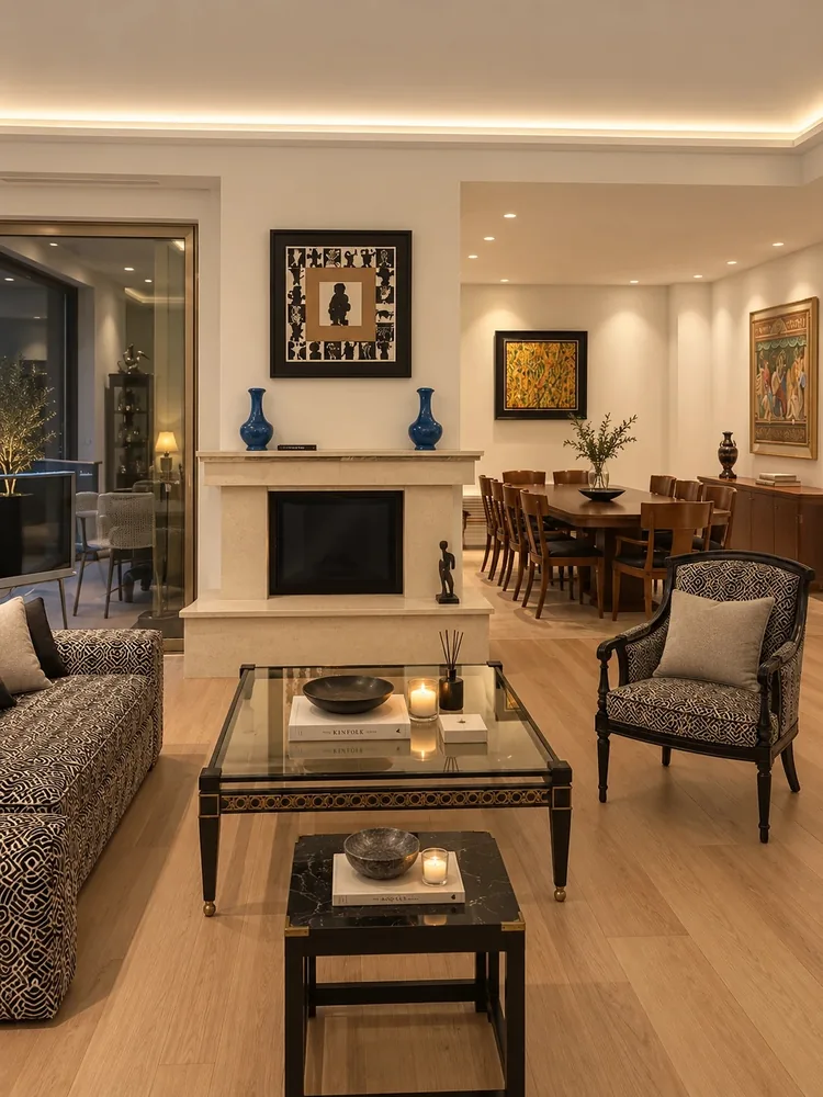 Living room with a stone fireplace and the dining room beyond, in the evening