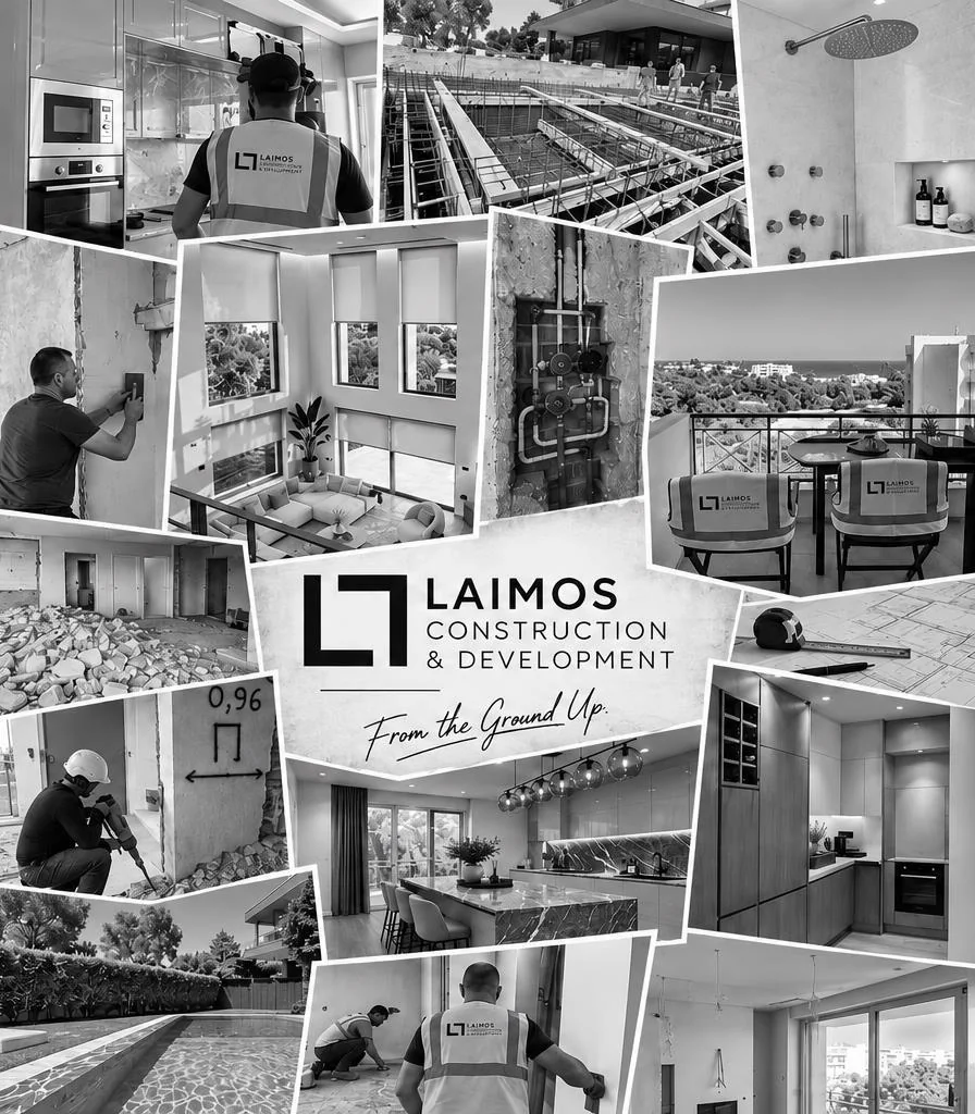 Black-and-white collage of the Laimos crew on site and of finished rooms